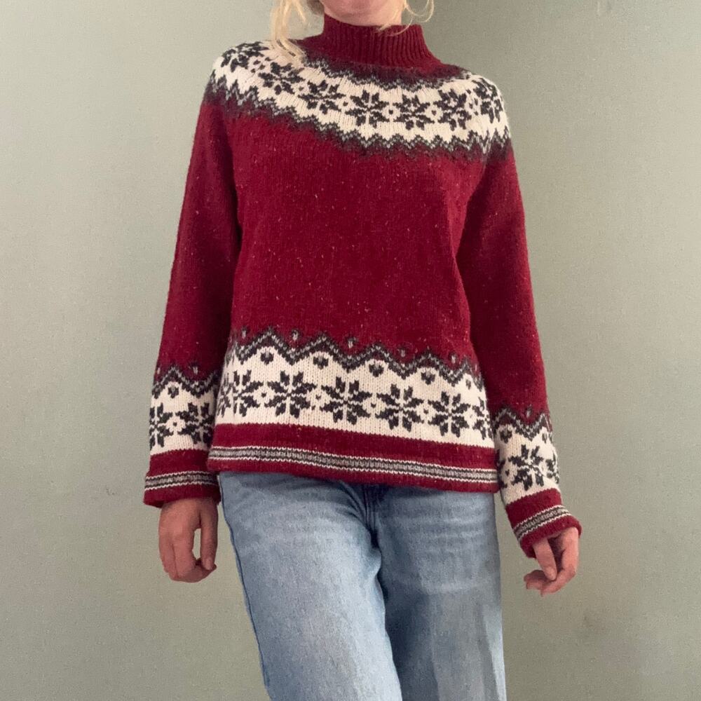 Vintage 90s Croft & Barrow Fair Isle Mock Neck Sweater Red White Size XL Cozy